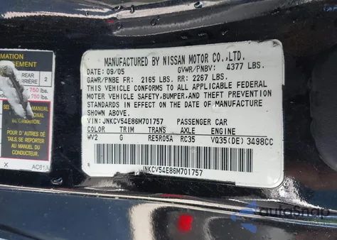 2006 Infiniti G35 z USA, uszkodzony, nr VIN JNKCV54E86M701757